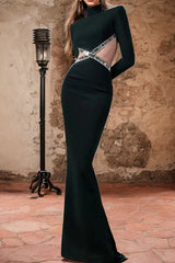 Sparkly Rhinestone Cutout Backless Long Sleeve Bandage Formal Maxi Dress