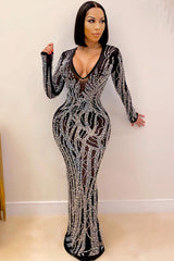 Sparkly Rhinestone Deep V Long Sleeve Sheer Mesh Evening Maxi Dress - Black