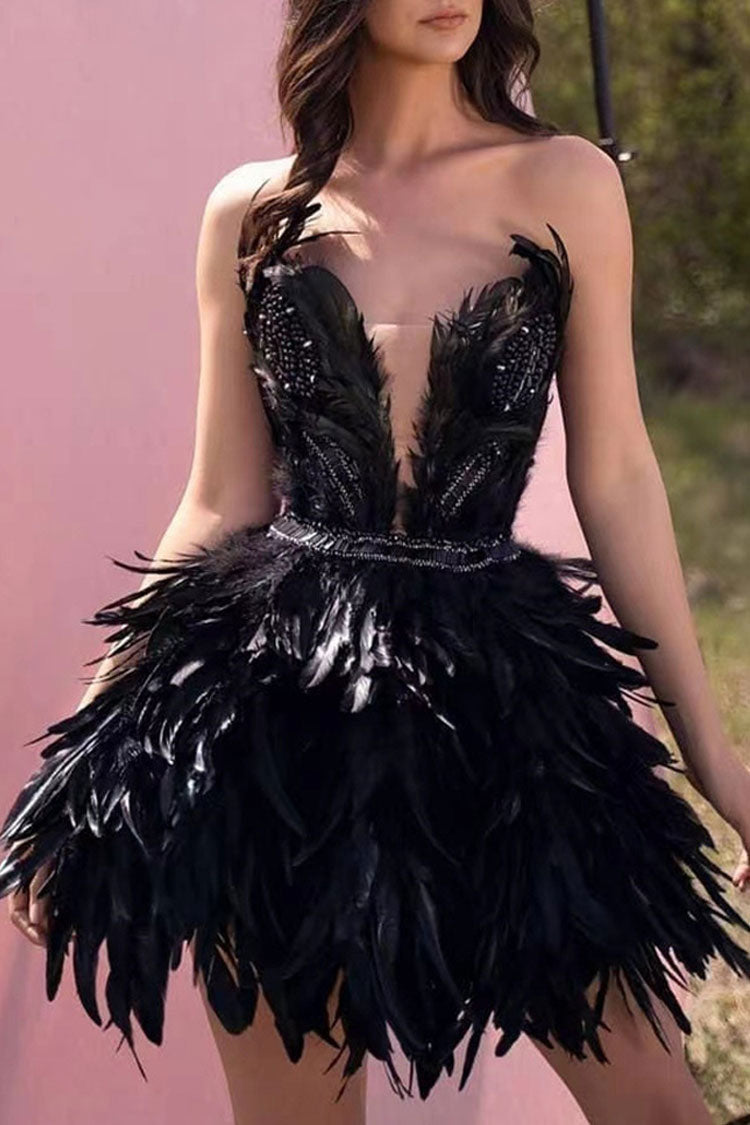 Sparkly Rhinestone Deep V Strapless Prom Party Feather Mini Dress - Black