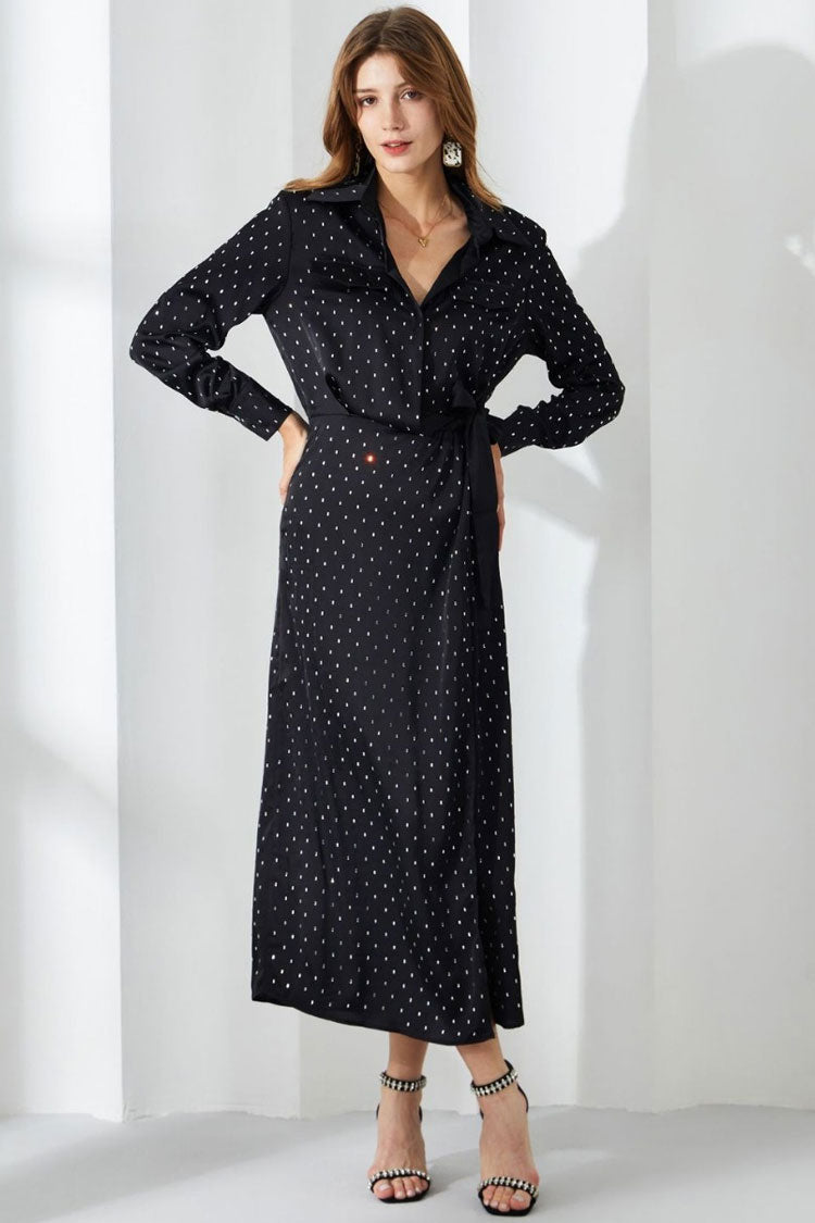 Sparkly Rhinestone Dotted Collared Long Sleeve Belted Shirt Midi Dress - Black