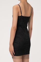 Sparkly Rhinestone Embellished Spaghetti Strap Bodycon Party Mini Dress - Black