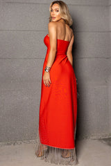 Sparkly Rhinestone Fringe High Split Bandage Strapless Evening Maxi Dress - Red