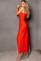 Sparkly Rhinestone Fringe High Split Bandage Strapless Evening Maxi Dress - Red