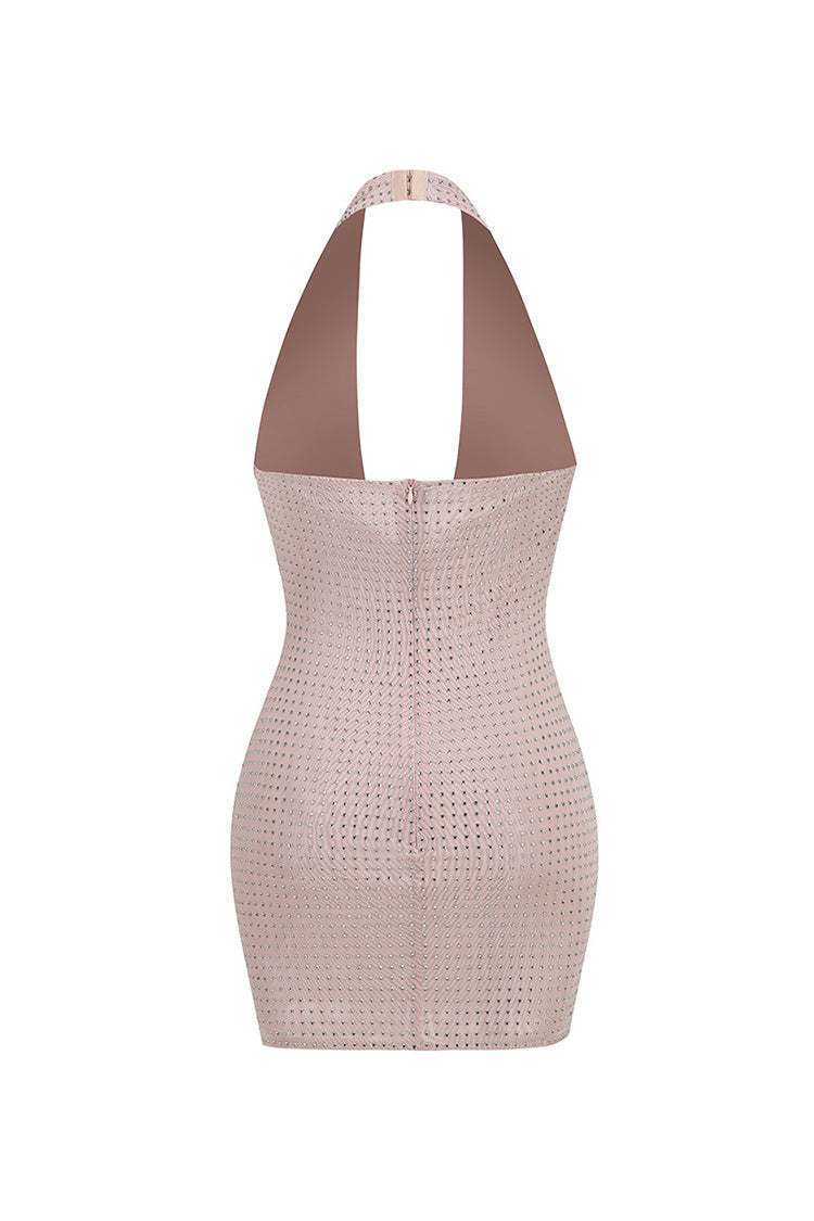 Sparkly Rhinestone Halter Cowl Neck Sheer Mesh Bodycon Club Mini Dress