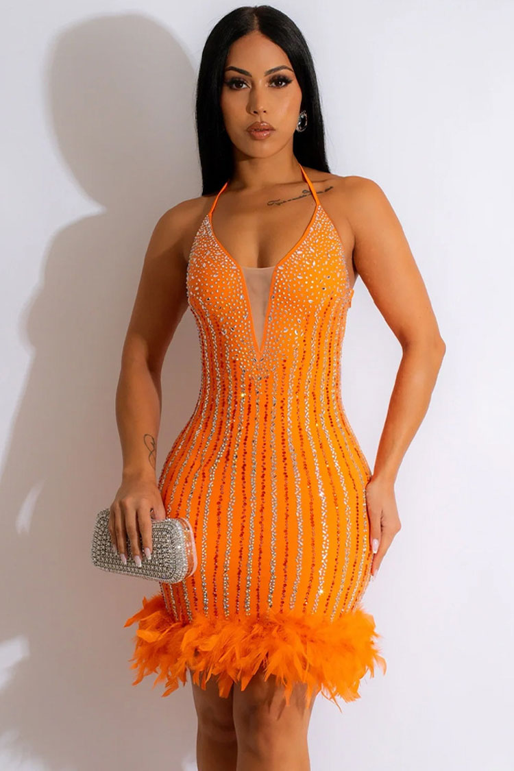 Sparkly Rhinestone Halter Neck Bodycon Feather Trim Party Mini Dress - Orange