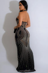 Sparkly Rhinestone Halter Neck Fishtail Sheer Mesh Maxi Dress - Black