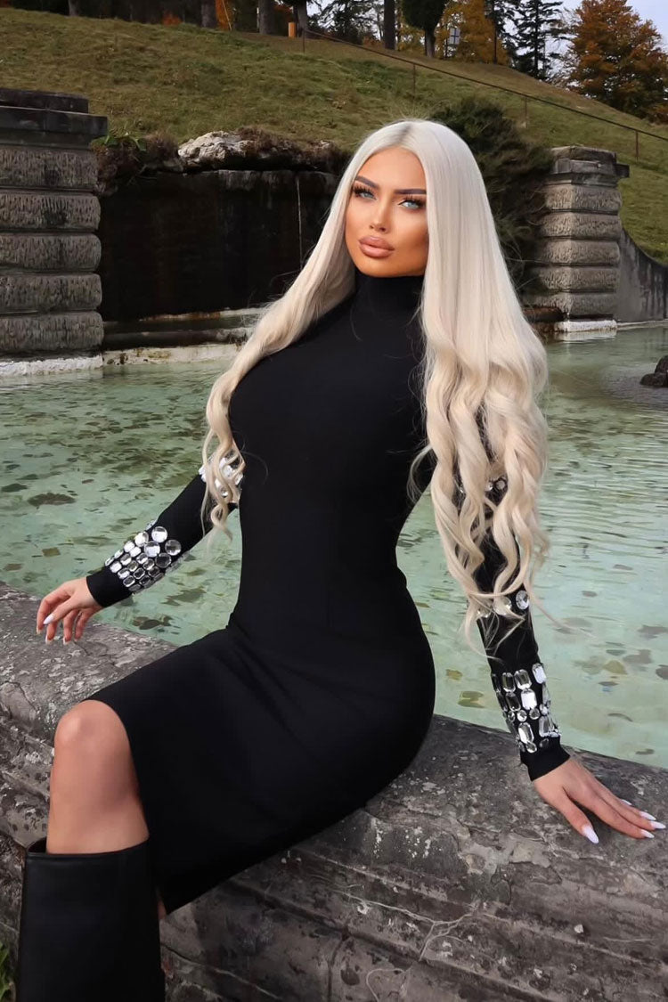 Sparkly Rhinestone High Neck Long Sleeve Bodycon Bandage Knit Midi Dress - Black