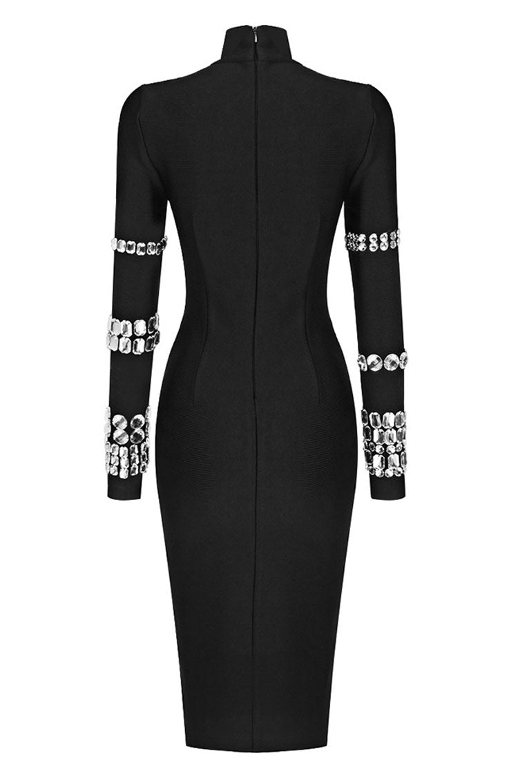 Sparkly Rhinestone High Neck Long Sleeve Bodycon Bandage Knit Midi Dress - Black