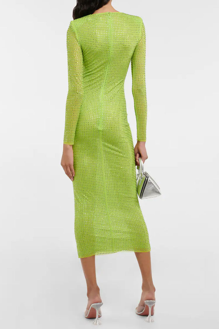 Sparkly Rhinestone Long Sleeve Bodycon Mesh Sheer Midi Dress - Sage Green