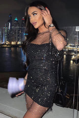 Sparkly Rhinestone Long Sleeve Fishnet Sheer Club Mini Dress - Black