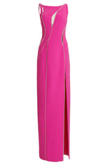 Sparkly Rhinestone Mesh Panel Sleeveless Split Evening Maxi Dress - Hot Pink