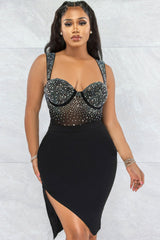 Sparkly Rhinestone Mesh Sleeveless Ruched Bodycon Party Mini Dress - Black