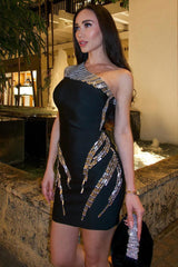 Sparkly Rhinestone One Shoulder Sleeveless Bodycon Bandage Party Mini Dress