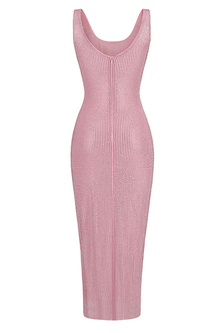 Sparkly Rhinestone Scoop Neck Mesh Sleeveless Bodycon Cocktail Midi Dress - Pink