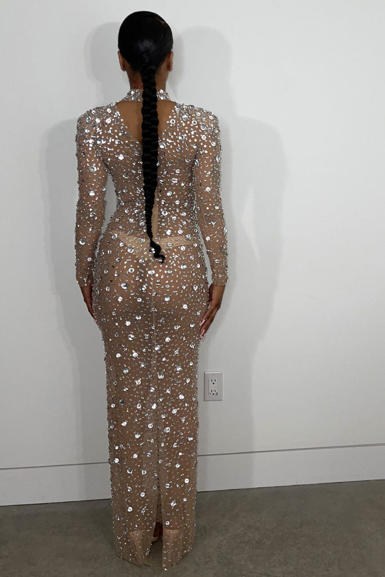 Sparkly Rhinestone Shoulder Pad Sleeved Sheer Mesh Maxi Evening Maxi Dress - Nude