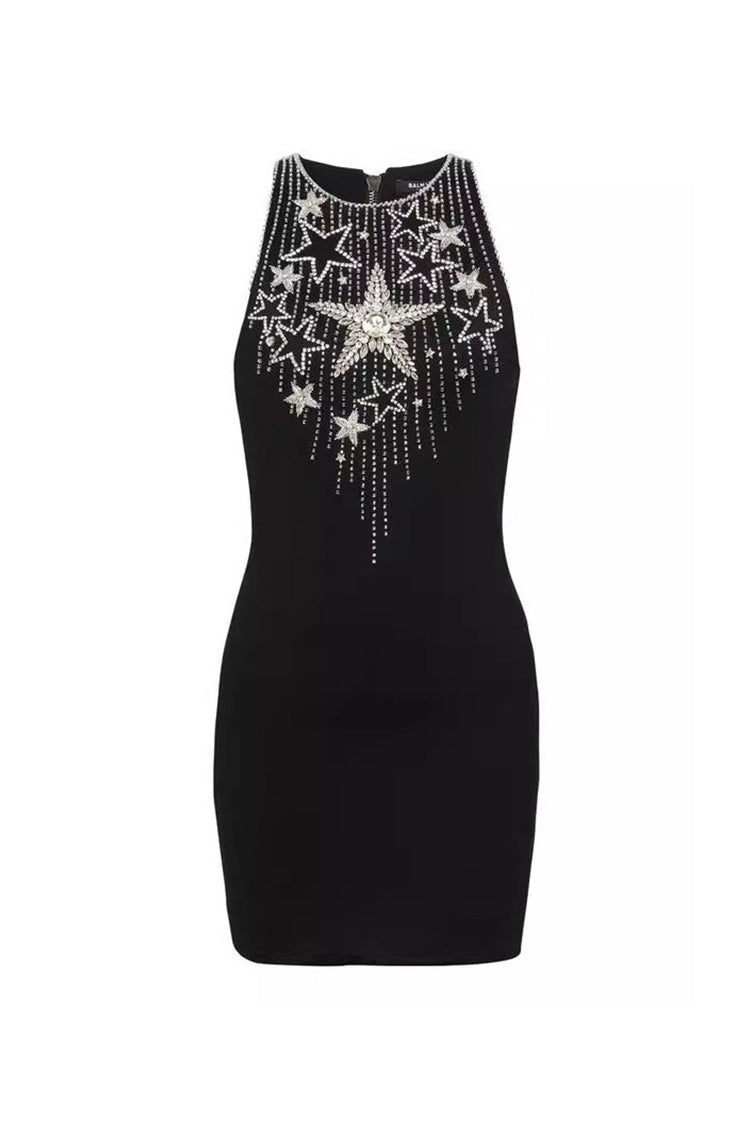 Sparkly Rhinestone Star embroidered Sleeveless Bodycon Party Mini Dress