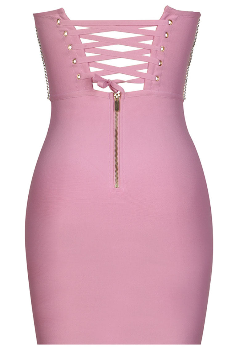 Sparkly Rhinestone Strapless Lace Up Bodycon Bandage Mini Dress - Pink