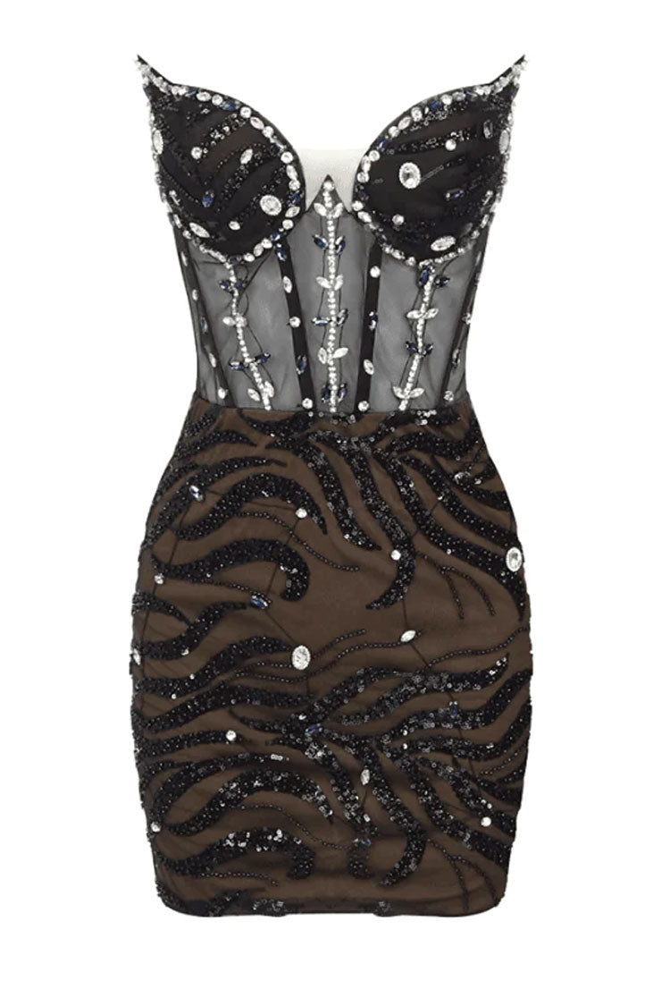 Sparkly Rhinestone Strapless Ruched Sequin Mesh Corset Party Mini Dress - Black