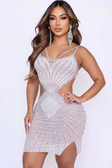 Sparkly Rhinestone V Neck Sheer Mesh Cutout Party Mini Dress - Ivory