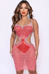 Sparkly Rhinestone V Neck Sheer Mesh Cutout Party Mini Dress - Red