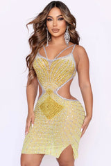 Sparkly Rhinestone V Neck Sheer Mesh Cutout Party Mini Dress - Yellow