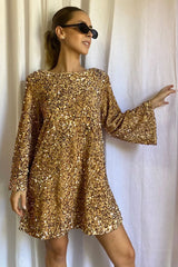 Sparkly Sequin Bow Tie Long Sleeve Oversized Velvet Party Mini Dress - Gold