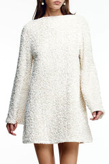 Sparkly Sequin Bow Tie Long Sleeve Oversized Velvet Party Mini Dress - White