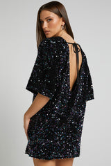 Sparkly Sequin Crew Neck Short Sleeve Oversized Velvet Party Mini Dress - Black