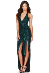 Sparkly Sequin Halter Backless Front Split Evening Maxi Dress - Emerald Green