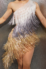 Sparkly Sequin One Shoulder Sheer Mesh Layered Fringe Flapper Mini Dress