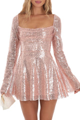 Sparkly Sequin Pleated Square Neck Bell Sleeve Skater Party Mini Dress - Gold