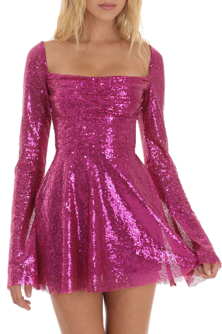 Sparkly Sequin Pleated Square Neck Bell Sleeve Skater Party Mini Dress - Hot Pink