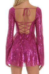 Sparkly Sequin Pleated Square Neck Bell Sleeve Skater Party Mini Dress - Hot Pink