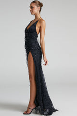 Sparkly Sequin Plunging High Split Backless Evening Maxi Dress - Black