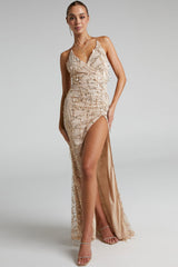 Sparkly Sequin Plunging High Split Backless Evening Maxi Dress - Champagne