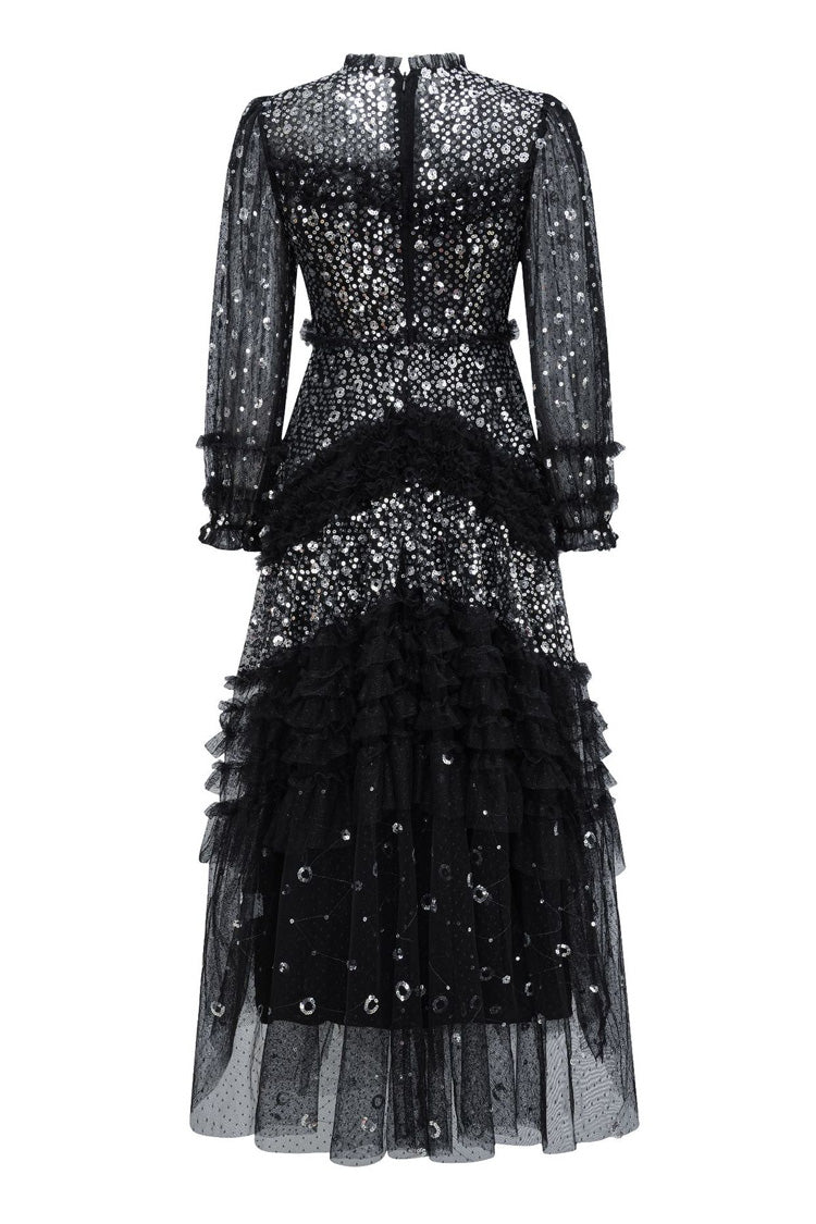 Sparkly Sequin Polka Dot Ruffle Mock Neck Tiered Tulle Maxi Evening Dress