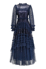 Sparkly Sequin Polka Dot Ruffle Mock Neck Tiered Tulle Maxi Evening Dress