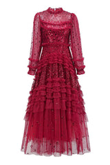 Sparkly Sequin Polka Dot Ruffle Mock Neck Tiered Tulle Maxi Evening Dress