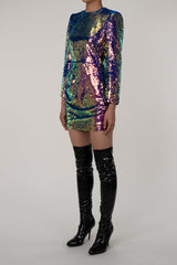 Sparkly Sequin Round Neck Long Sleeve Ruched Bodycon Party Mini Dress