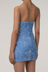 Sparkly Sequin Straight Neck Strapless Cinch Waist Velvet Mini Party Dress