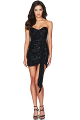 Sparkly Sequin Sweetheart Strapless Draped Party Mini Dress - Black