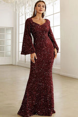 Sparkly Sequin V Neck Bell Sleeve Fishtail Evening Maxi Dress - Burgundy