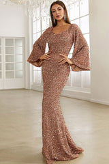 Sparkly Sequin V Neck Bell Sleeve Fishtail Evening Maxi Dress - Champagne