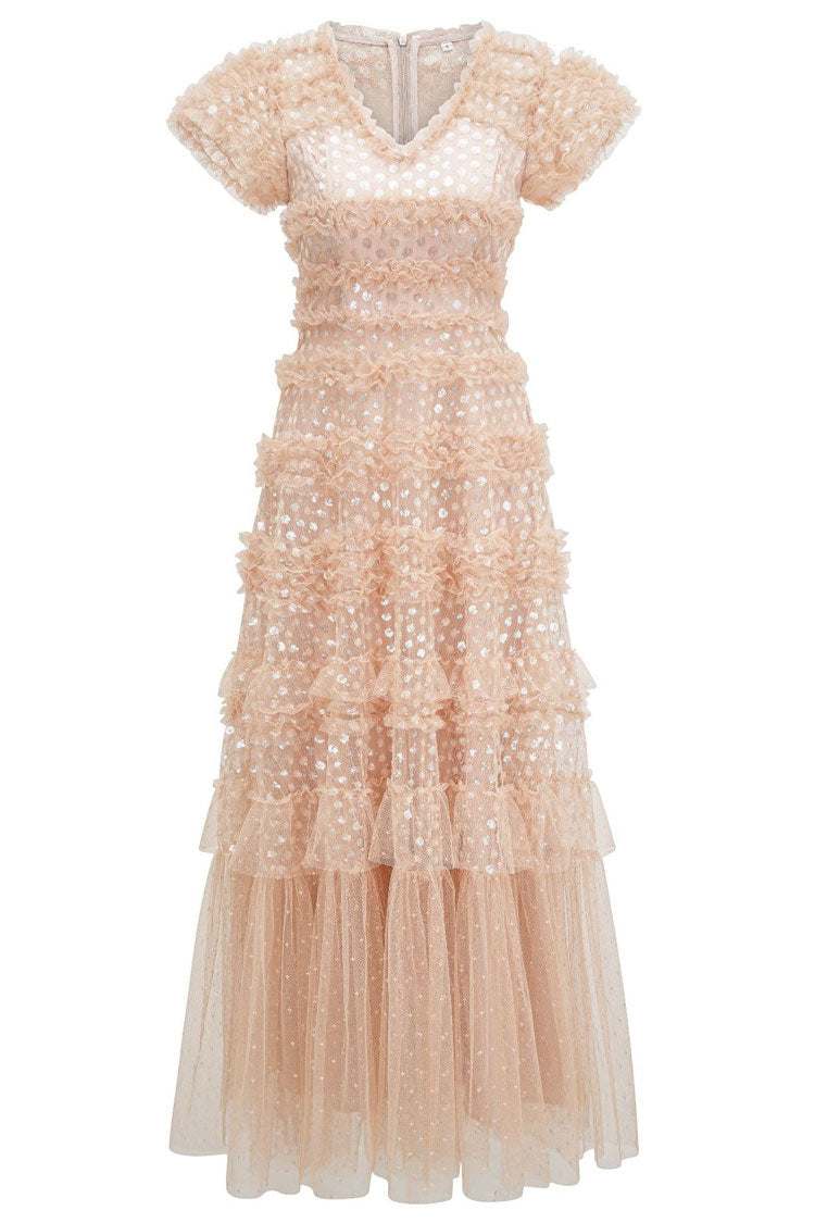 Sparkly Sequin V Neck Layered Ruffle Summer Tulle Evening Maxi Dress - Pink