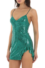 Sparkly Sequin V Neck Ruffled Split Sleeveless Bodycon Party Mini Dress - Green