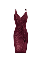 Sparkly Sequin V Neck Spaghetti Strap Ruffle Bodycon Party Mini Dress