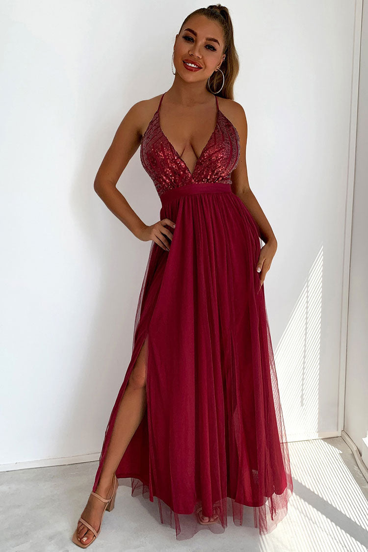 Sparkly Sequined Deep V High Split Backless Evening Maxi Dress - Burgundy