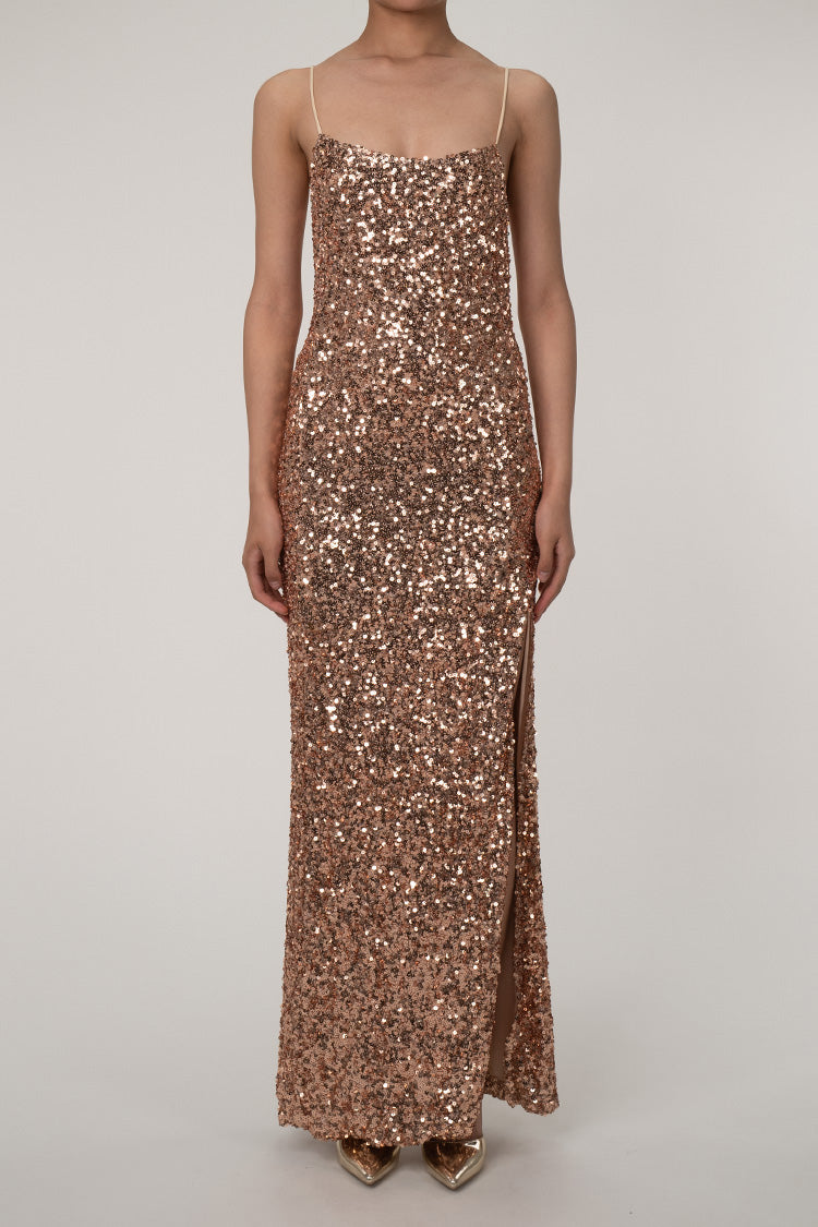 Sparkly Spaghetti Strap High Slit Sequin Maxi Dress - Bronze Gold