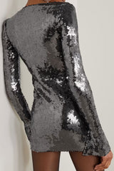 Sparkly Tie Neck Split Sleeve Bodycon Sequin Party Mini Dress - Black Gray