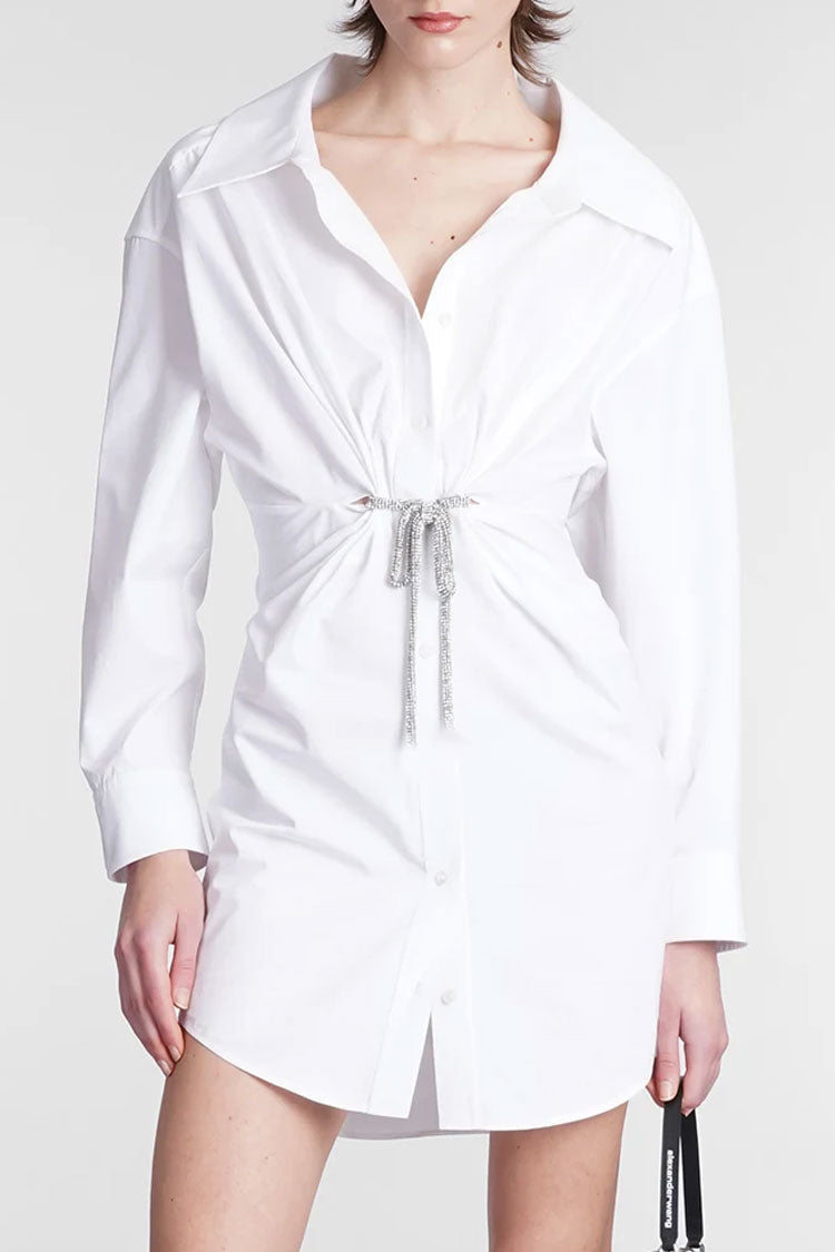 Sparkly Tie Waist Collared Long Sleeve Button Down Mini Shirt Dress - White